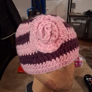 Pink and Purple Crochet Beanie with Flower